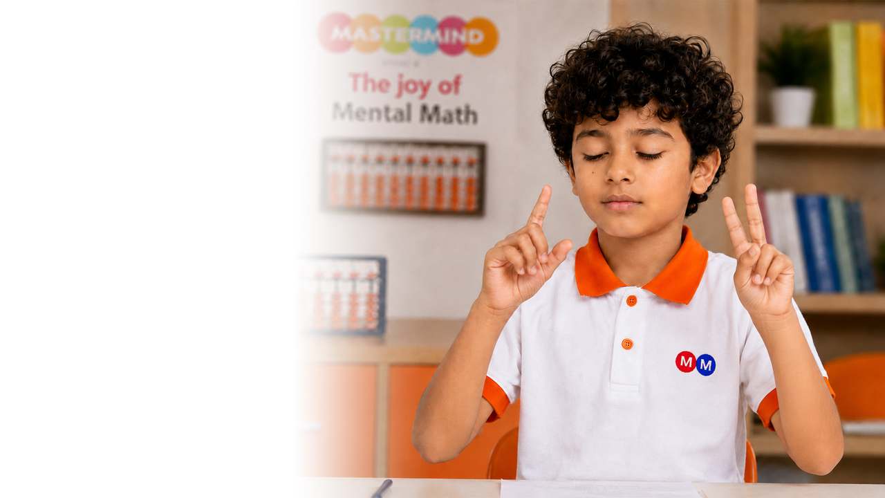 Happy Mastermind Abacus student solving mental math with an abacus